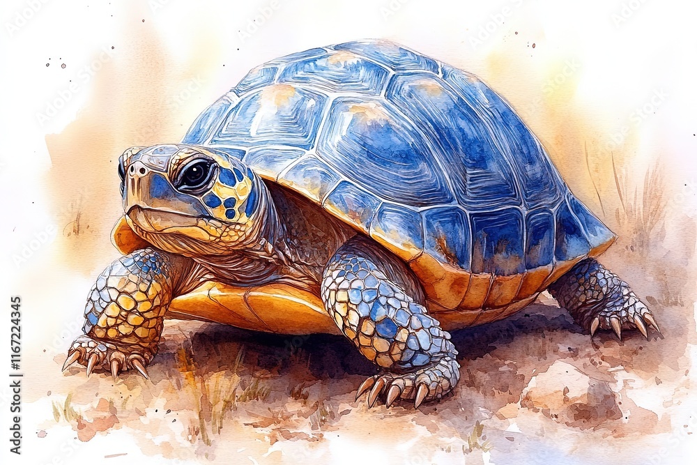 Obraz premium A colorful illustration of a turtle, showcasing its detailed shell and natural habitat.