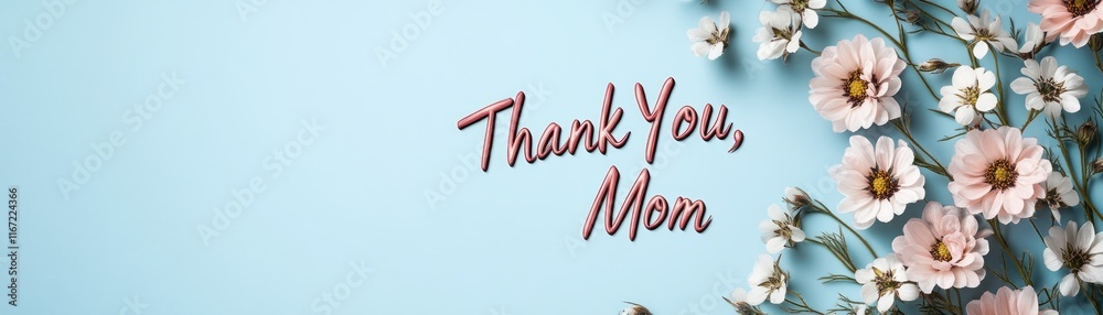 Naklejka premium Celebrate Mother's Day with a gentle blend of spring's fresh blooms and heartfelt gratitude, captured in a serene scene of wildflowers and a sky that is radiant, featuring a handwritten Thank You