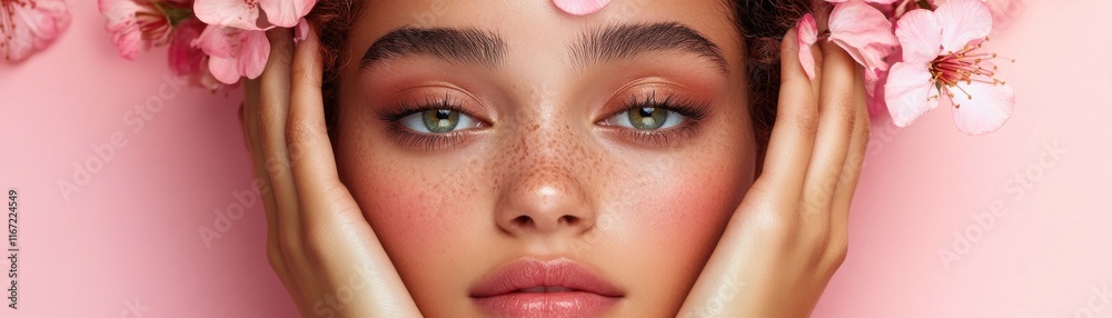 Fototapeta premium Celebrate Mother's Day with a radiant display of love and beauty, featuring a delicate arrangement of pink flowers framing a woman's face This vibrant celebration of Mothers Day with a bold, colorful