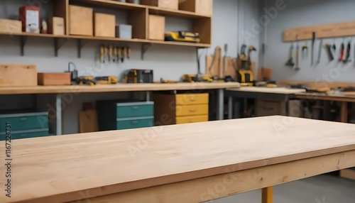 An empty wooden tabletop with a blurred background of tool rooms, An empty wooden tabletop with a blurred background of tool rooms photo