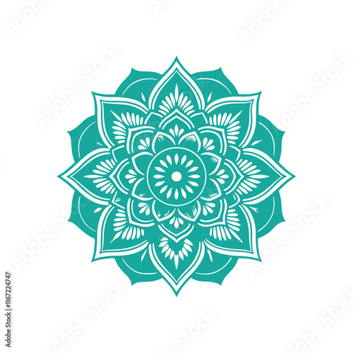 Top view of a ceramic plate showcasing a detailed floral mandala design in vibrant orange and teal colors, isolated on white background.