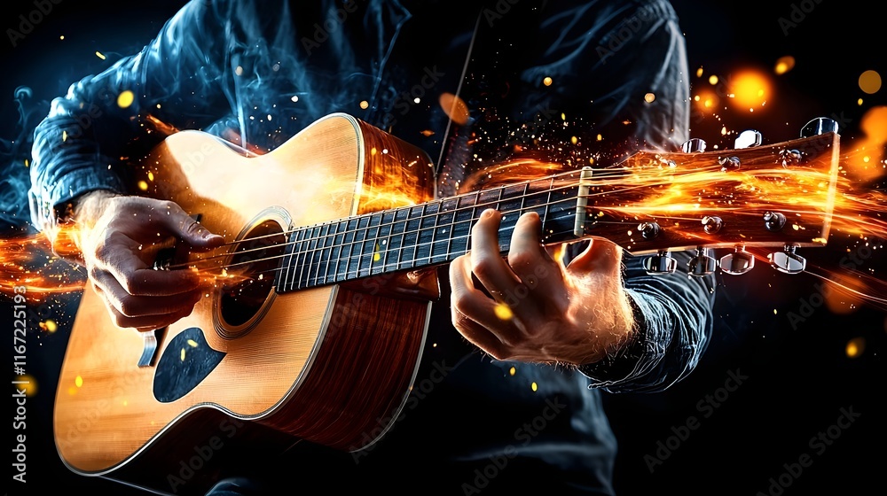 Obraz premium Talented Musician Passionately Playing Acoustic Guitar with Warm Blurred Background