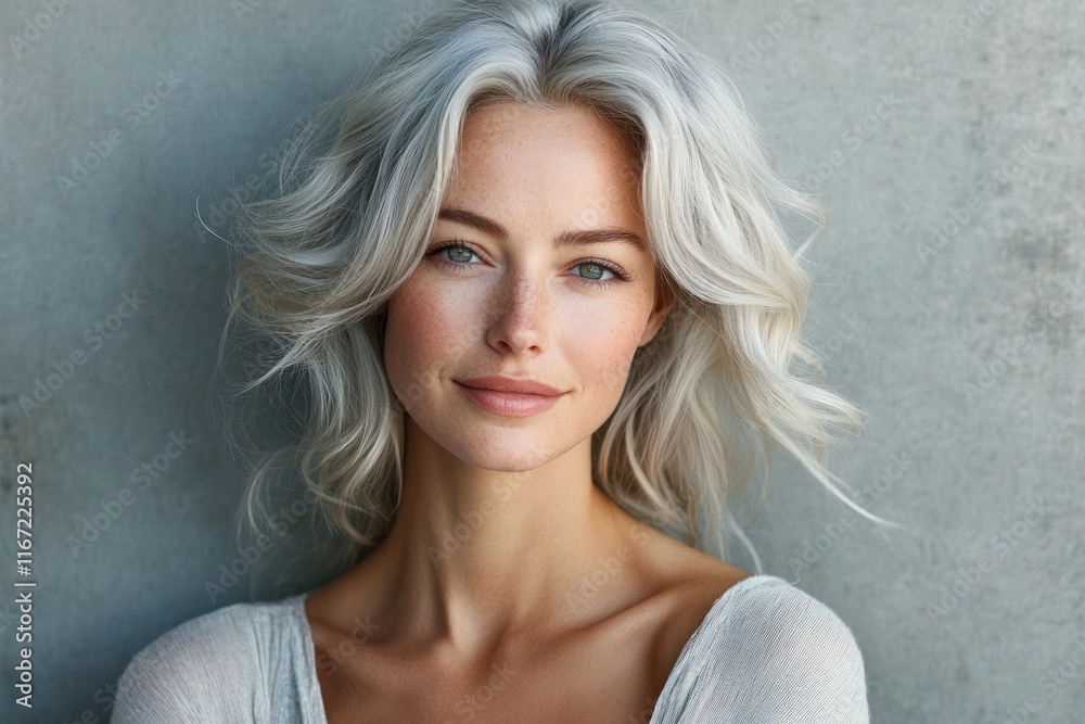 Naklejka premium Serene Portrait of Mature Woman with Silver Hair in Minimalist Style Skincare Beauty Concept