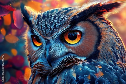 Hyperrealistic Owl Portrait with Colorful Background and Dramatic Lighting photo