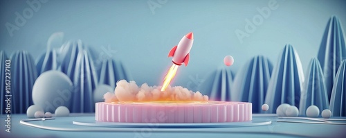 A colorful rocket launches from a circular platform, surrounded by stylized mountains and clouds in a whimsical, digital landscape.