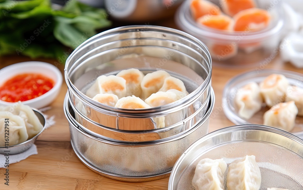 A bamboo steamer holds assorted dumplings, surrounded by dipping sauce and fresh ingredients, showcasing a delightful Asian cuisine spread. A bamboo steamer holds assorted dumplings, surrounded by dipping sauce and fresh ingredients, showcasing a delightful Asian cuisine spread.
