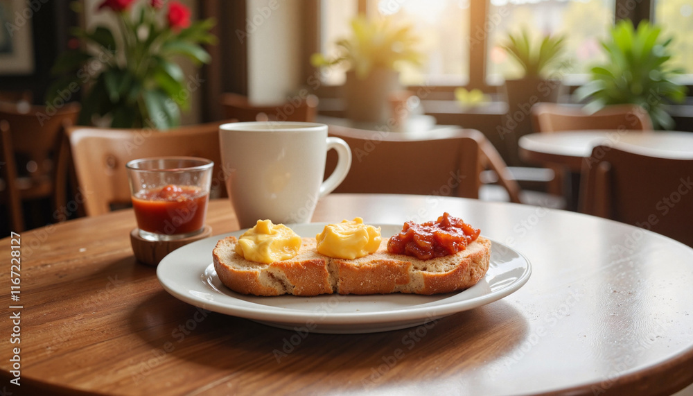 Delicious breakfast with butter and jam at cozy café table, morning delight Delicious breakfast with butter and jam at cozy café table, morning delight