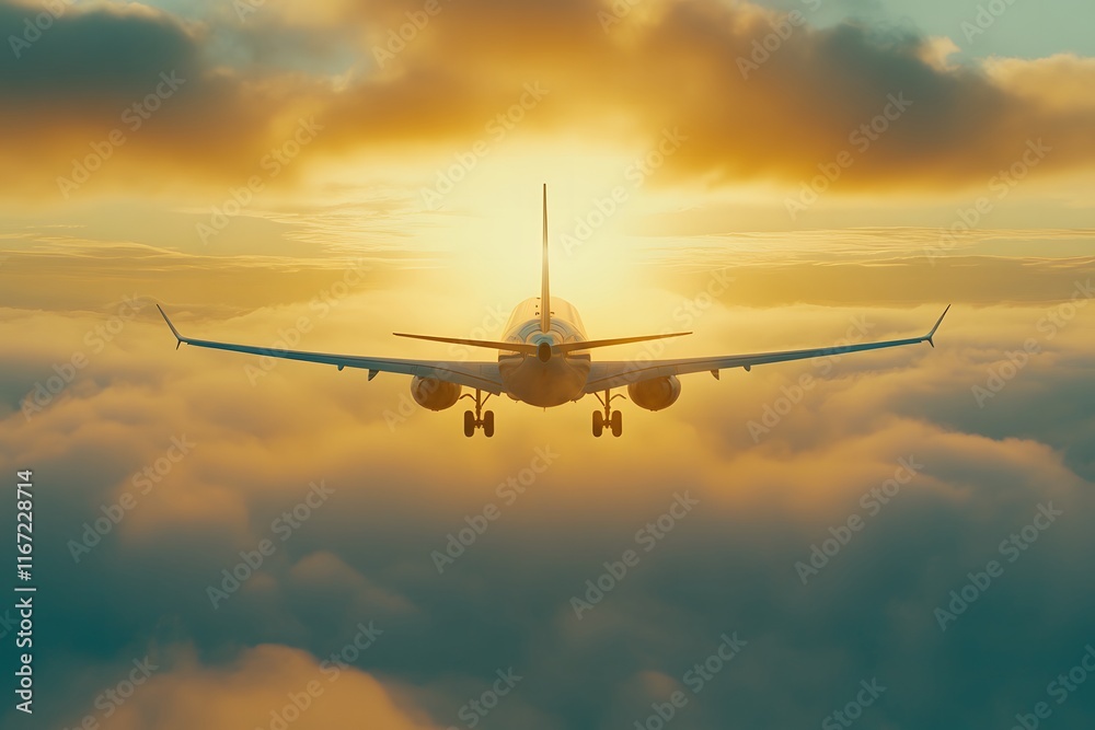 Golden Horizon: Airplane in Flight Against a Stunning Sunset with Soft Clouds and Radiant Light Behind, Capturing the Essence of Travel and Adventure Golden Horizon: Airplane in Flight Against a Stunning Sunset with Soft Clouds and Radiant Light Behind, Capturing the Essence of Travel and Adventure