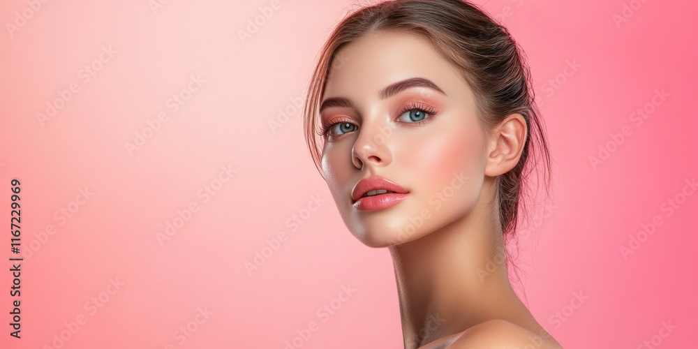A young woman showcases radiant skin and expertly applied makeup while posing against a soft pink backdrop during a fashion shoot
