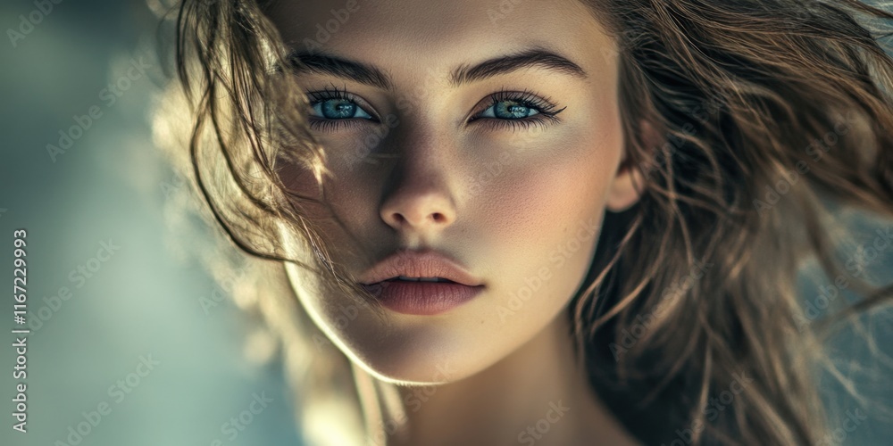 A young woman with long, flowing hair and striking blue eyes gazes directly at the viewer, exuding confidence and charm in a dimly lit setting A young woman with long, flowing hair and striking blue eyes gazes directly at the viewer, exuding confidence and charm in a dimly lit setting