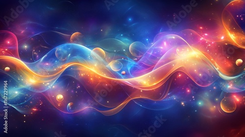 Cosmic Waves Abstract Galaxy Art: Vibrant Nebulae and Celestial Bodies Dance in a Symphony of Light and Color