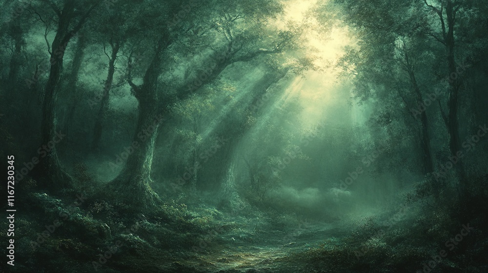 Mystical sunlit forest with lush greenery and enchanting atmosphere
