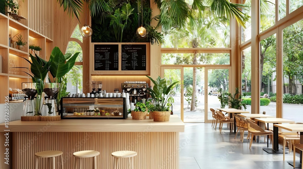 Obraz Biophilic design urban minimalism concept. Modern café interior with natural elements and large windows.