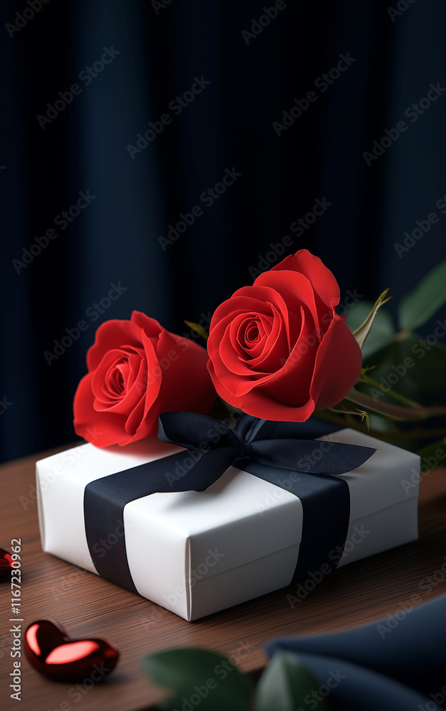 Fototapeta premium red rose and gift box on black background