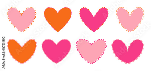 Valentine Scalloped edge heart shapes set. hand drawn vintage frill ornament. Fabric laces and ribbons frame. Heart shape frame badge set.