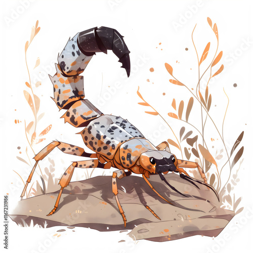 scorpion in nature illustration isolated white background, clipart, water color, kids book photo