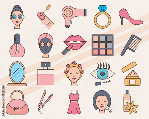 Set of vector icons related to beauty and cosmetics including makeup brushes and skincare products