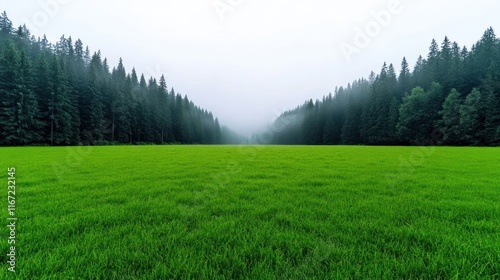 Lush green field surrounded by misty evergreen trees.