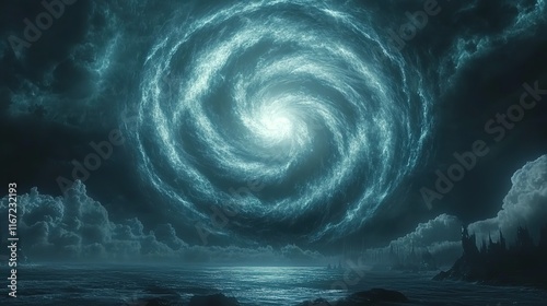 Majestic cosmic whirlpool over ocean under twilit sky