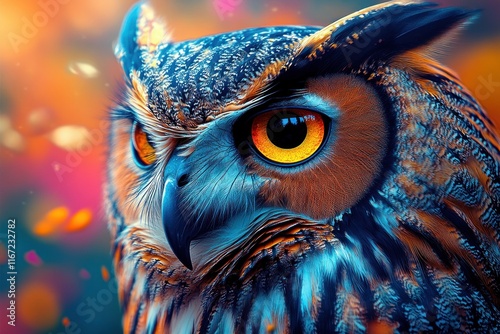 Majestic Owl Portrait Hyperrealistic Vibrant Colors Detailed Feathers Dramatic Lighting photo