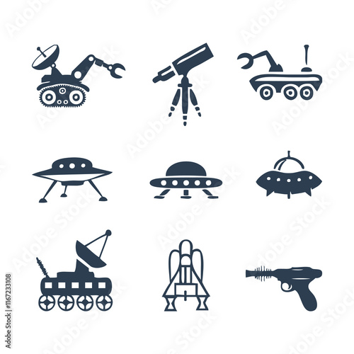 Collection of Science Fiction and Space Exploration Themed Icon Illustrations