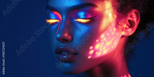 A model showcases bold and vivid makeup with glowing colors reflecting on her skin, creating an artistic portrayal during a nighttime photoshoot