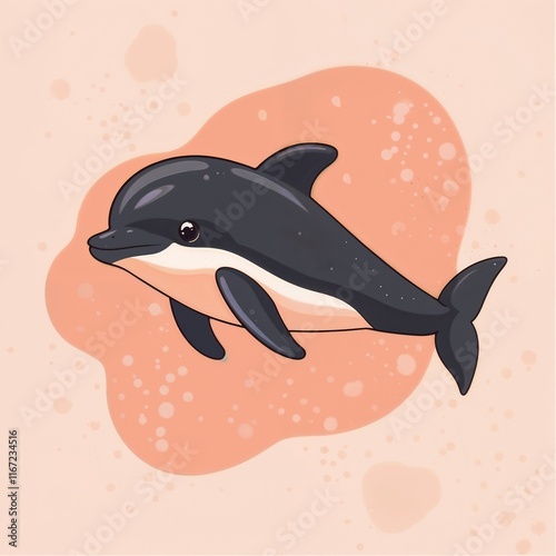 Stand design featuring a black dolphin in flat 2D graphics style against a colorful, pleasant pinkish background photo