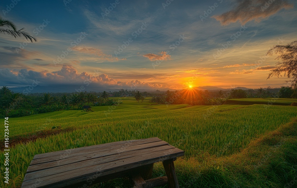 Beautiful sunset with a blue sky and clouds over rice fields, a wooden table top in the foreground, space for text or product display, golden hour lighting, high-resolution photography, insanely detai Beautiful sunset with a blue sky and clouds over rice fields, a wooden table top in the foreground, space for text or product display, golden hour lighting, high-resolution photography, insanely detai