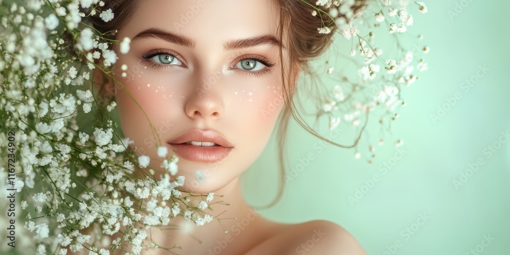 A young woman gazes softly at the viewer, framed by small white flowers. Her skin glows and the background is a calming, pastel green that enhances her beauty A young woman gazes softly at the viewer, framed by small white flowers. Her skin glows and the background is a calming, pastel green that enhances her beauty