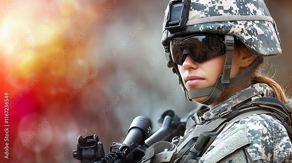 Mujer soldado con uniforme táctico y gafas de sol en misión Mujer soldado con uniforme táctico y gafas de sol en misión
