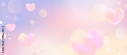 Soft pastel Valentine’s Day banner with pink hearts, dreamy gradients, and gentle bokeh effects for romantic event designs and wedding invitations