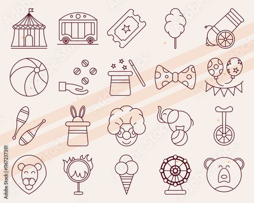Another set of circus-themed vector icons including acrobats and juggling items
