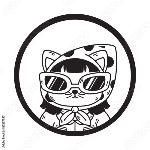 illustration art cute cat wearing glasses on circle frame tattoo and t-shirt design