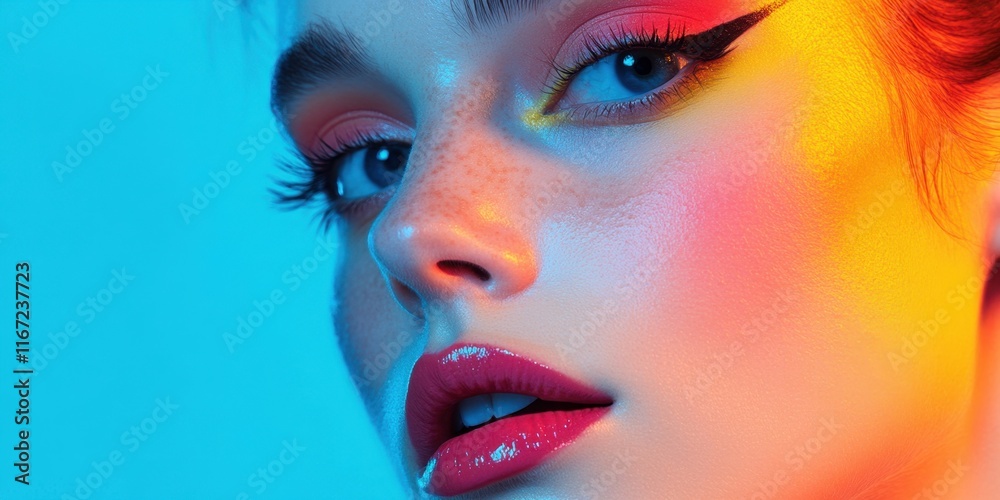 A model showcases an artistic makeup design with striking eyeliner and vivid lip color. The vibrant hues create a playful and bold aesthetic against a blue backdrop A model showcases an artistic makeup design with striking eyeliner and vivid lip color. The vibrant hues create a playful and bold aesthetic against a blue backdrop