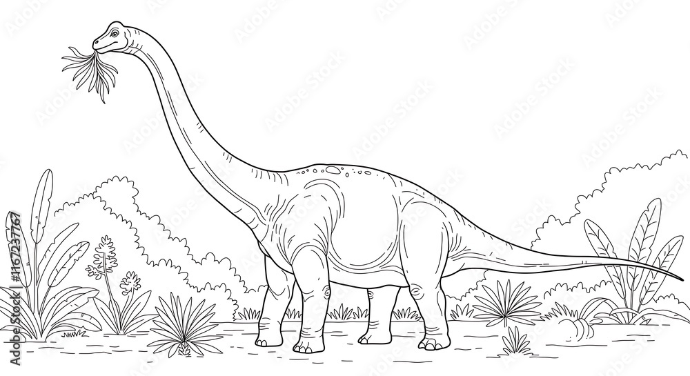Fototapeta premium Detailed line drawing of a long-necked dinosaur eating plants, concept for educational illustration, prehistoric wildlife and kids coloring book