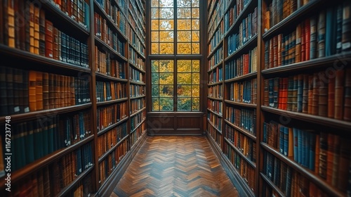 Legal Library Scene with Shelves of Law Books and Documents in Cozy Office Ambience