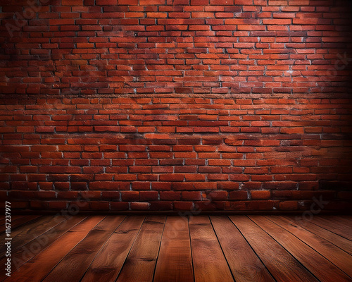 The rustic background of this stock photo, which includes a wooden floor and a texture of red brick walls, creates a cozy and welcoming ambiance