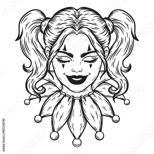 illustration art black and white pigtail clown girl in engraving style tattoo and t-shirt design