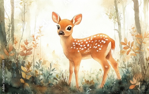 Watercolor Illustration of Deer Fox Bear Rabbit in Forest for Children's Birthday Invitation