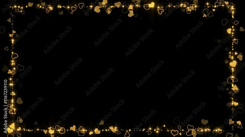 valentine hearts frame golden shiny glowing stars border on black background animation, love romantic motion design element