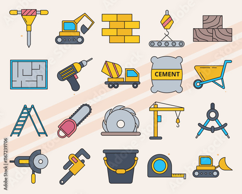 Set of vector icons depicting a construction site with elements such as cranes and barriers