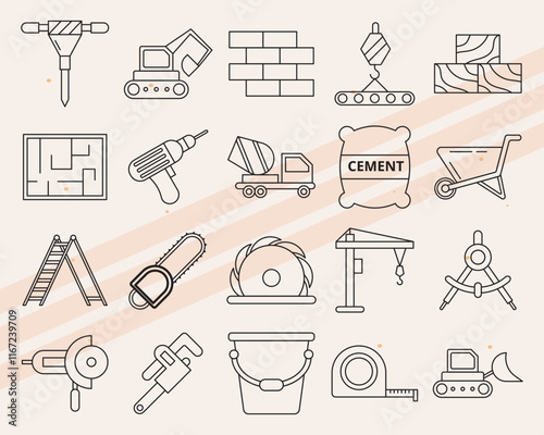 More construction site-themed vector icons including excavators and cones