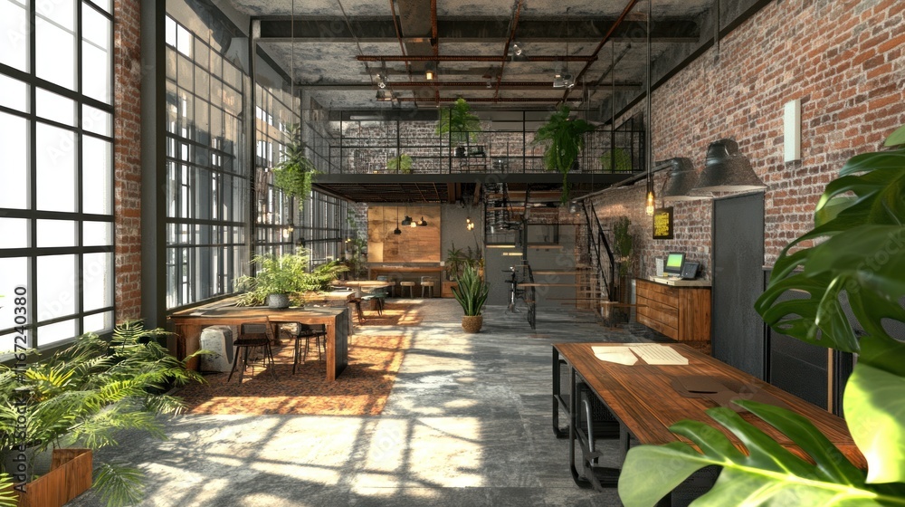 Naklejka premium Sunlit Industrial Loft Office Space with Abundant Greenery