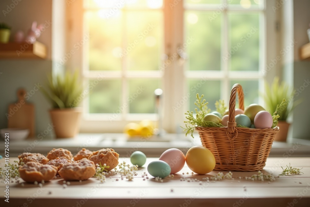 Background Copy-space for text: A cozy kitchen table decorated with Easter treats and a basket of colorful eggs. Sunlight streams through the window, creating a warm and inviting atmosphere Background Copy-space for text: A cozy kitchen table decorated with Easter treats and a basket of colorful eggs. Sunlight streams through the window, creating a warm and inviting atmosphere