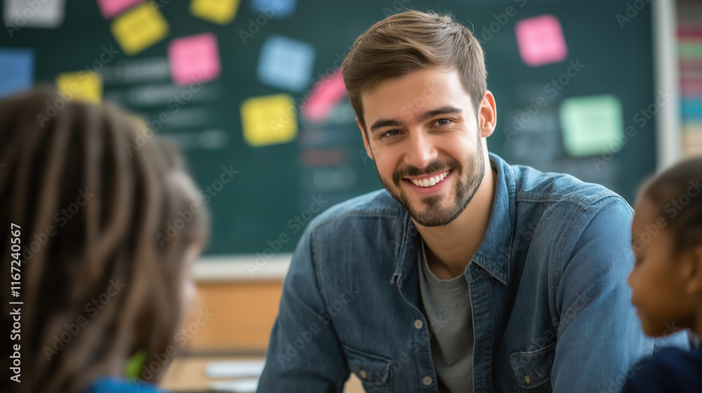 Fototapeta premium Male teacher smiling in classroom with children and positive atmosphere