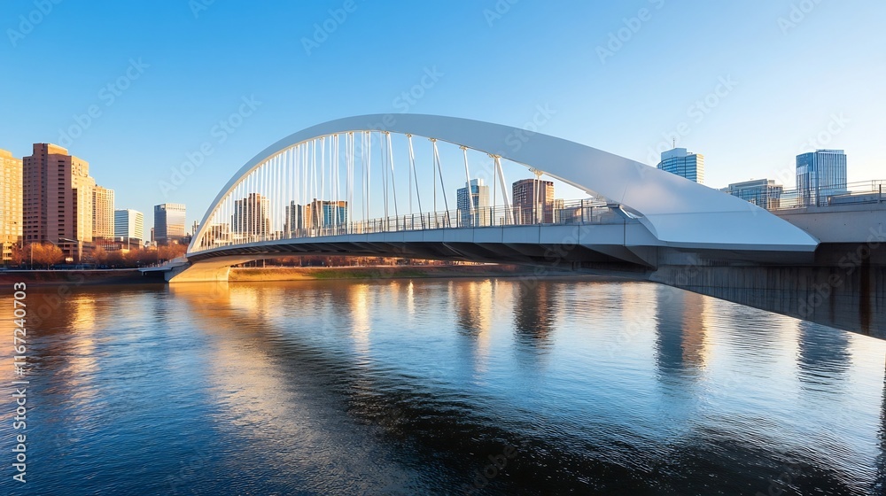 Naklejka premium Elegant Modernistic Bridge Stretching Over Tranquil City River With Gleaming Skyscrapers