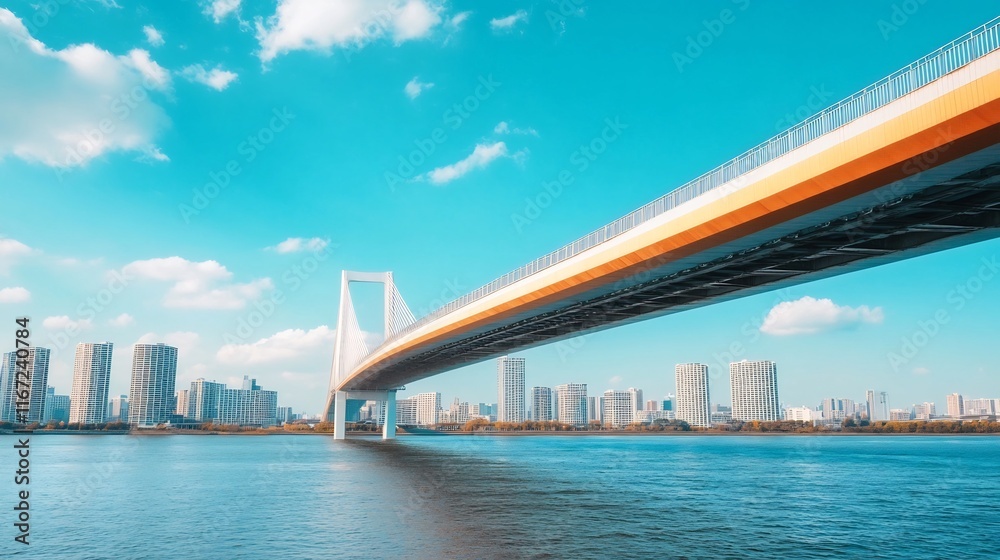 Sleek and modern bridge stretching over a bustling city river with skyscrapers in the background Sleek and modern bridge stretching over a bustling city river with skyscrapers in the background
