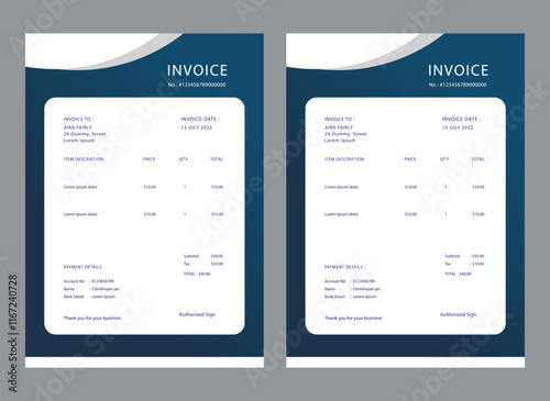 Modern business invoice template design bundle. Bill form business invoice vector. Corporate invoice template set, receipt tax or bill vector