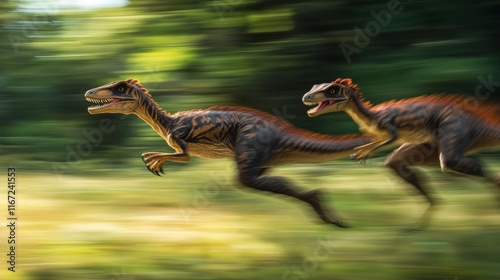 Fototapeta Naklejka Na Ścianę i Meble -  Two dinosaurs are running through a lush green landscape. Their speed and agility are captivating. This scene evokes a sense of adventure and prehistoric wonder. Generative AI