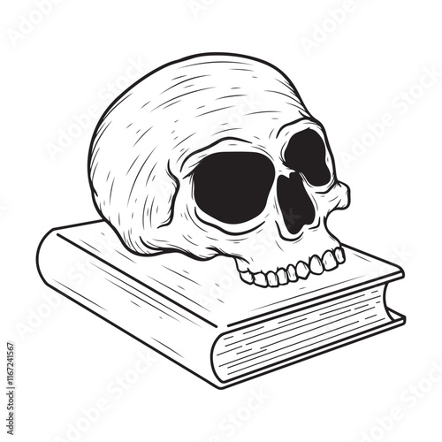 artwork illustration black and white skull on top of book tattoo and t shirt design
